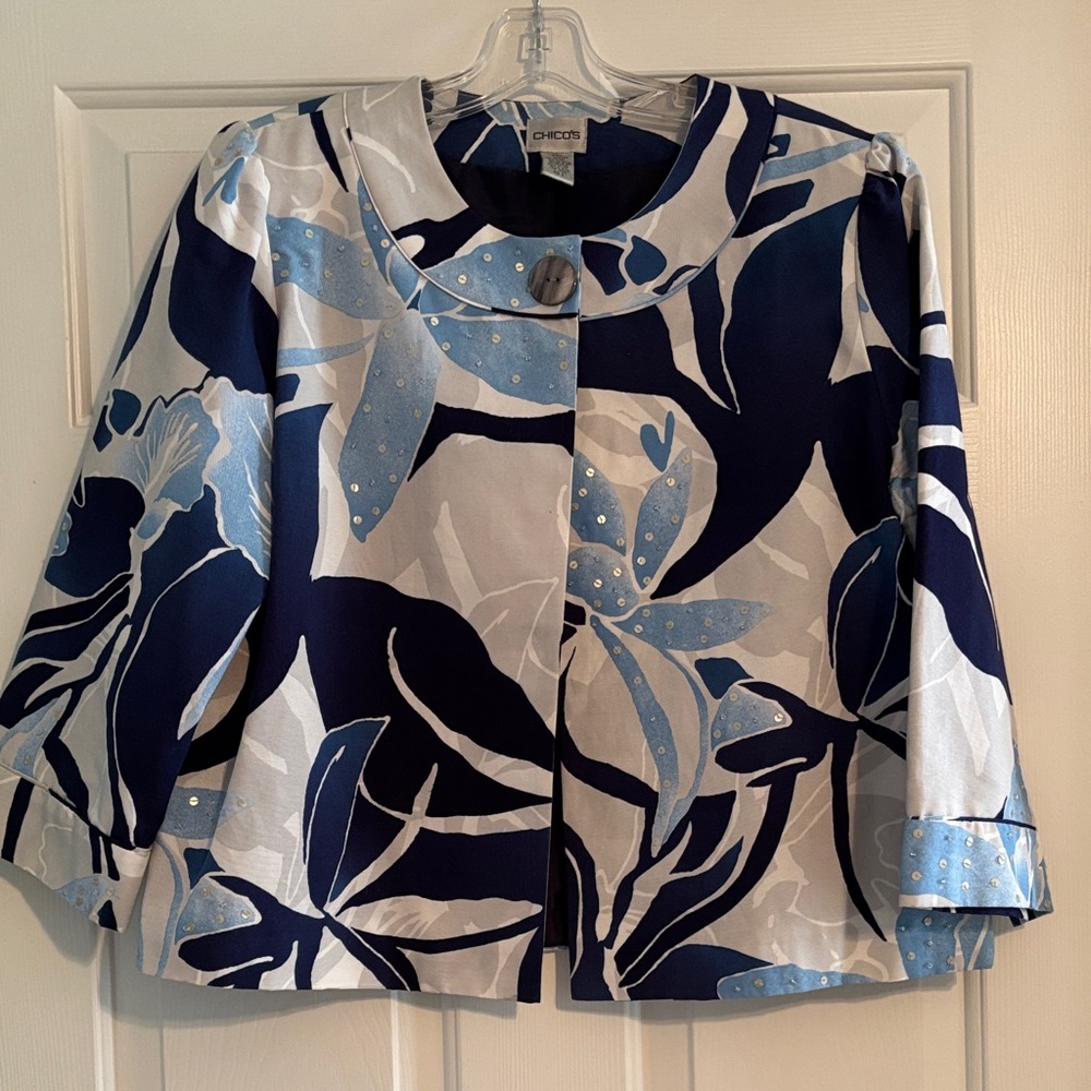 Chico's Navy and Light Blue Floral Blazer
